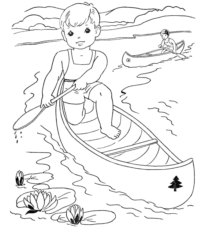 Desenho de contorno de um menino ajoelhado em uma canoa segurando um remo, com vitórias-régias na água e montanhas ao fundo.
