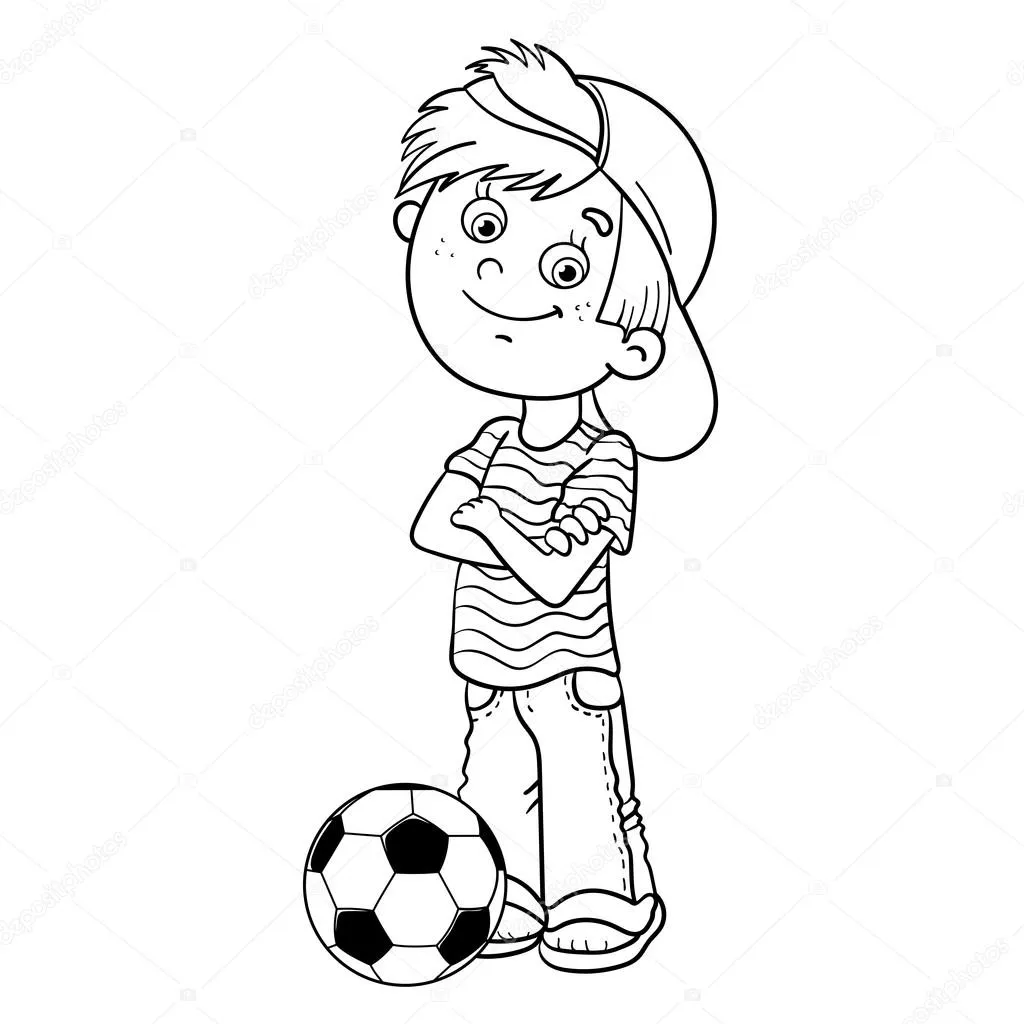 Desenho de contorno de um menino de braços cruzados, usando boné e camiseta listrada, com uma bola de futebol ao lado dos pés.