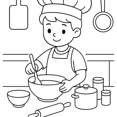 Desenho de contorno de um menino usando chapéu de chef e avental, mexendo uma mistura em uma tigela com uma colher de pau em uma bancada de cozinha.