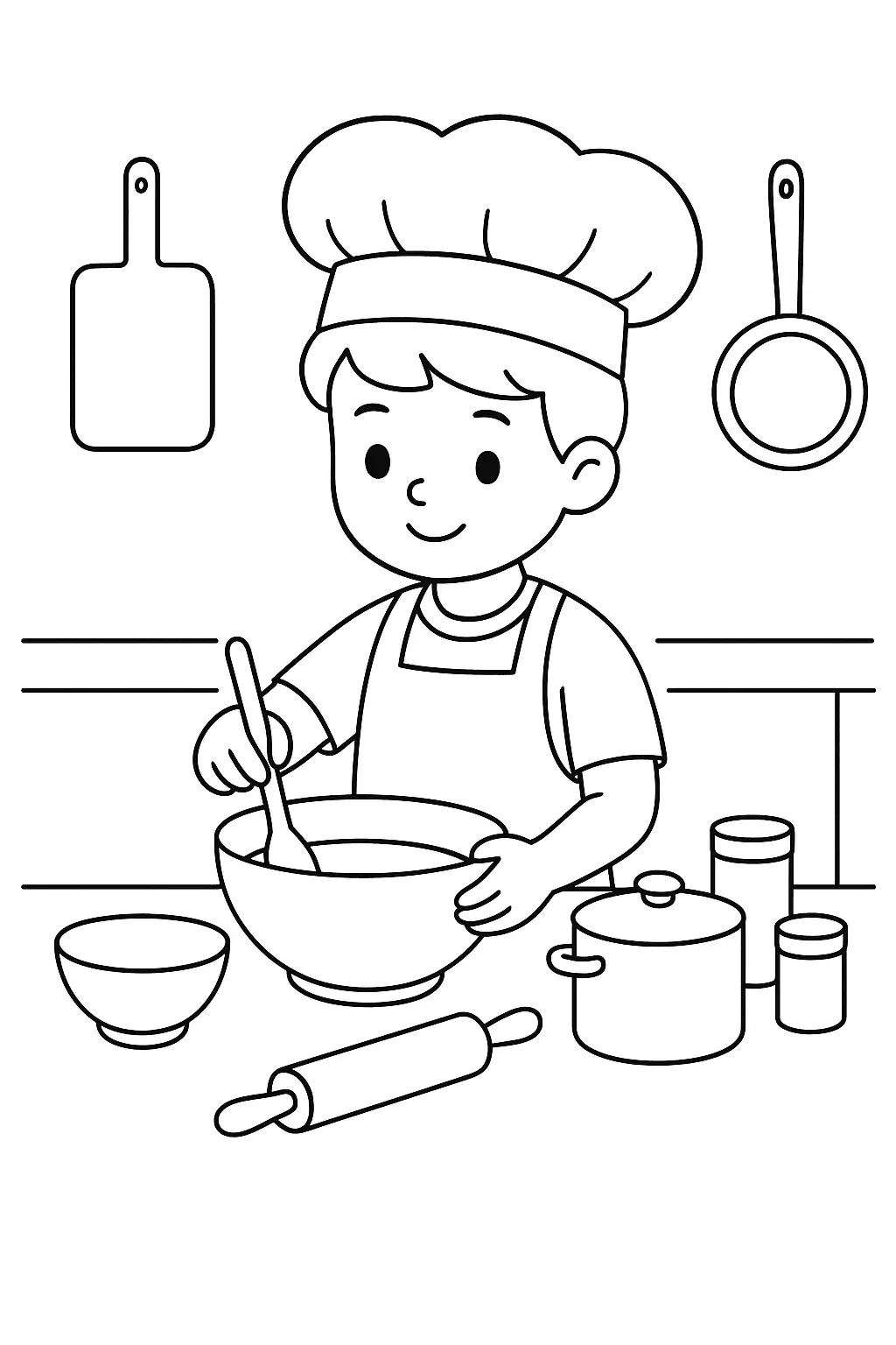 Desenho de contorno de um menino usando chapéu de chef e avental, mexendo uma mistura em uma tigela com uma colher de pau em uma bancada de cozinha.