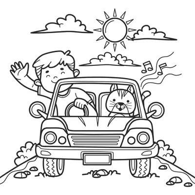 Pé na Estrada: Menino e Gatinho Viajando para Colorir