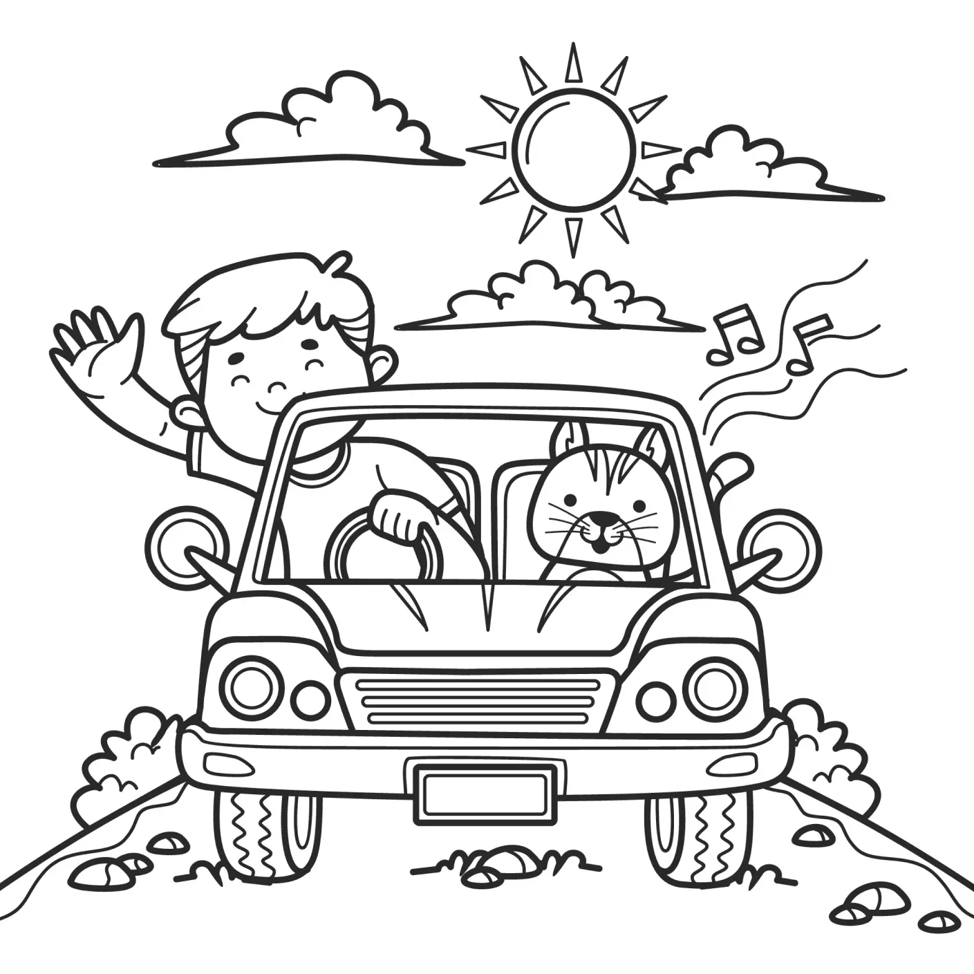 Desenho de contorno de um menino no banco do motorista de um carro, acenando, com um gato no banco do passageiro, sob um sol brilhante e notas musicais.