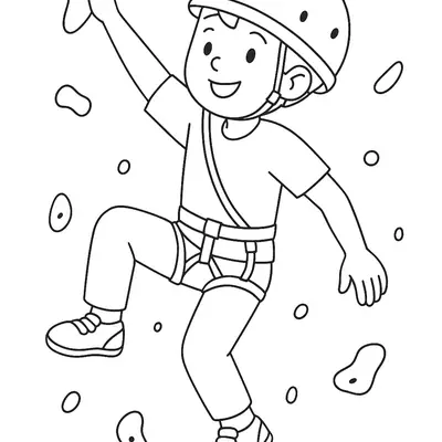 Desenho de contorno de um menino escalando uma parede, usando capacete e cinto de segurança (cadeirinha), segurando em agarras de diferentes formatos.