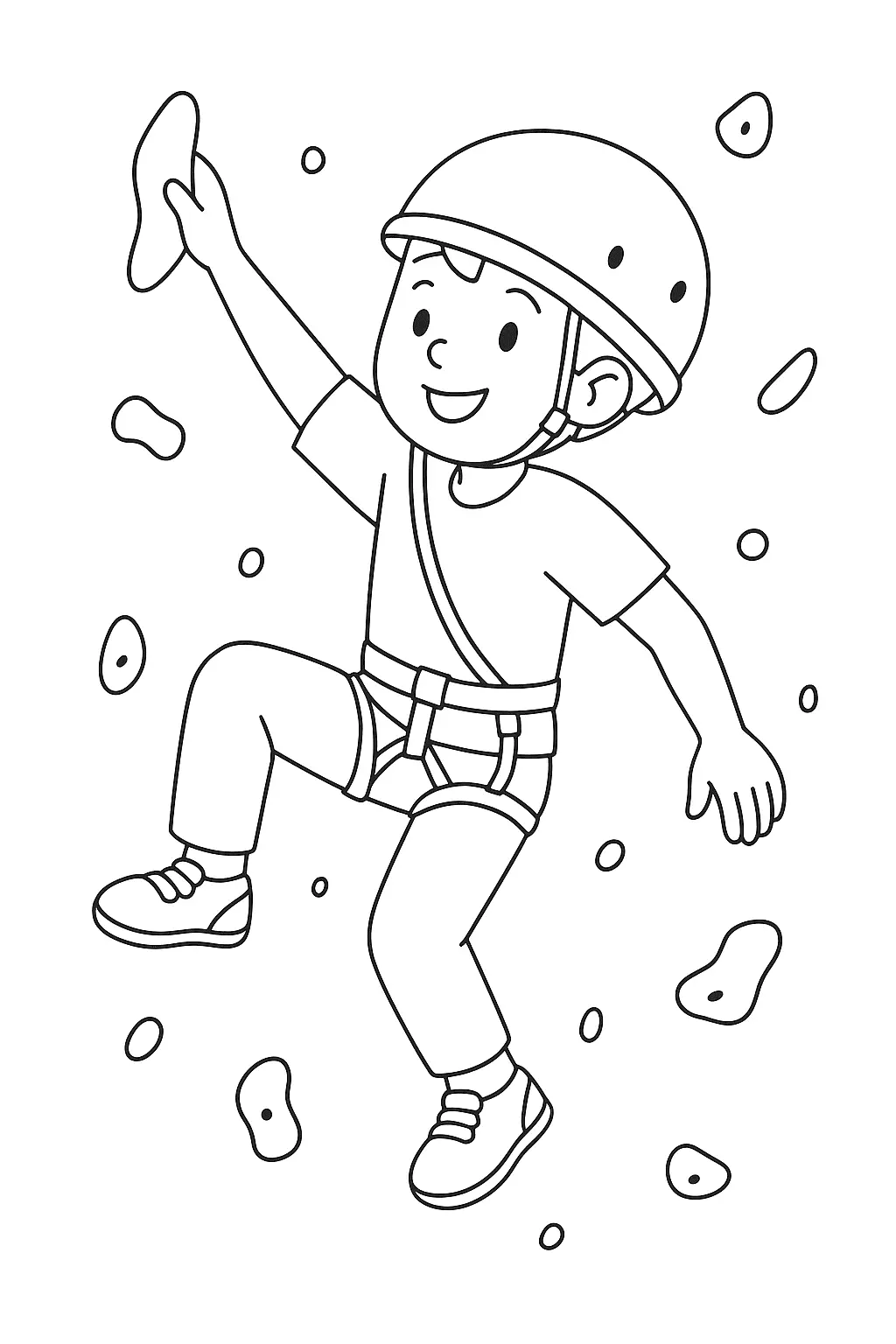 Desenho de contorno de um menino escalando uma parede, usando capacete e cinto de segurança (cadeirinha), segurando em agarras de diferentes formatos.