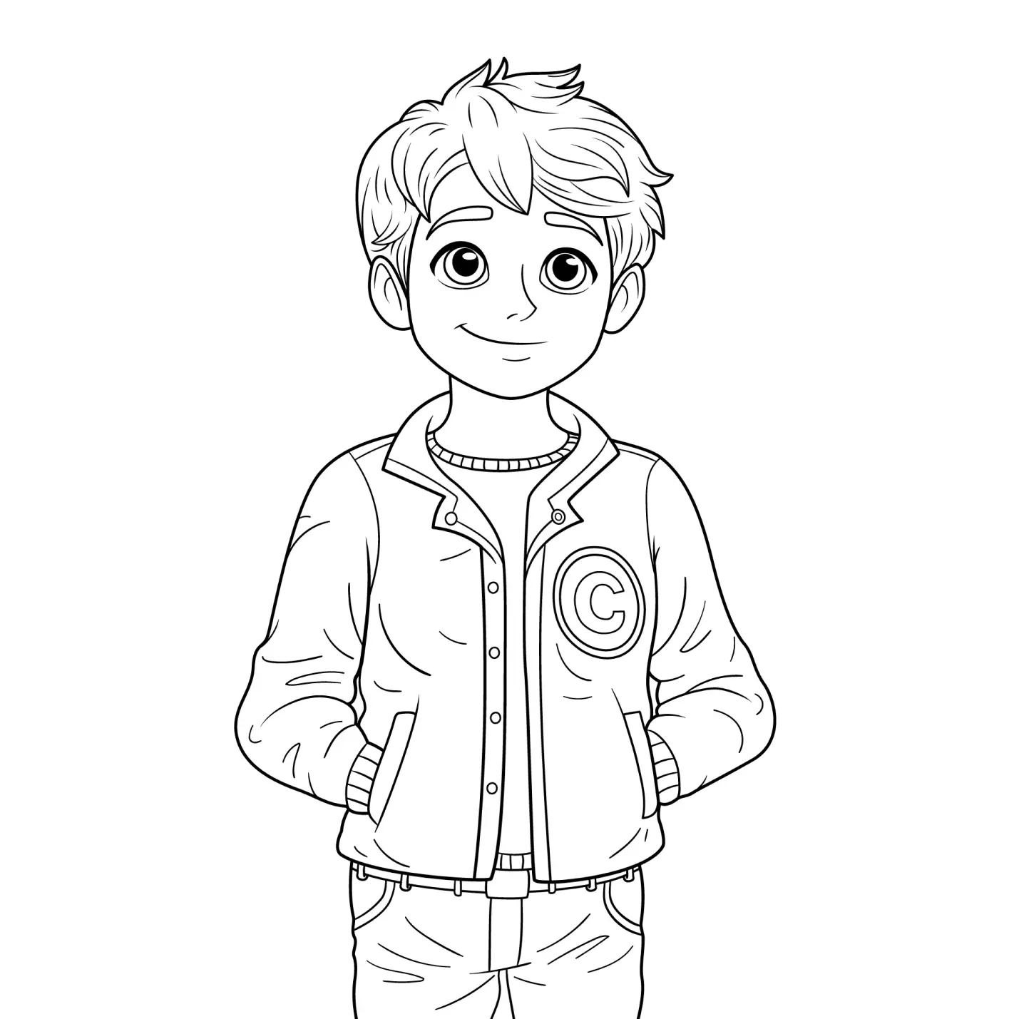 Desenho de contorno de um menino sorridente com as mãos nos bolsos, vestindo uma jaqueta com a letra C no peito e calça jeans.