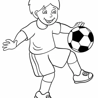Desenho de contorno de um menino sorridente equilibrando uma bola de futebol no joelho, vestindo uniforme esportivo e tênis.
