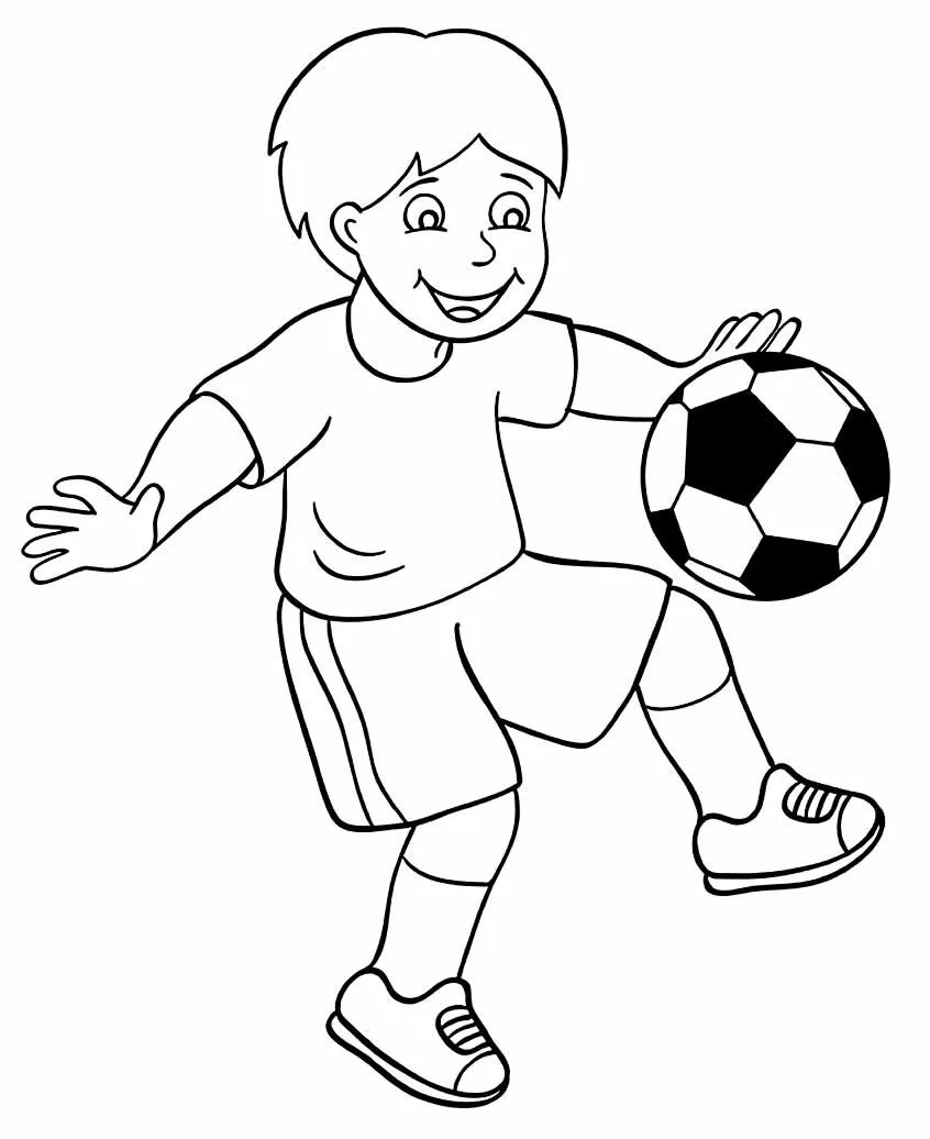 Desenho de contorno de um menino sorridente equilibrando uma bola de futebol no joelho, vestindo uniforme esportivo e tênis.
