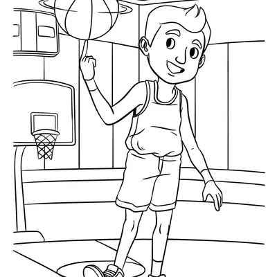 Desenho de contorno de um menino de uniforme de basquete girando uma bola no dedo indicador, com uma cesta de basquete ao fundo.