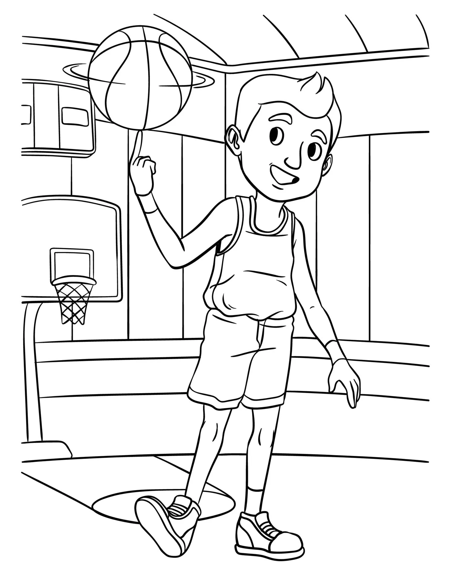 Desenho de contorno de um menino de uniforme de basquete girando uma bola no dedo indicador, com uma cesta de basquete ao fundo.