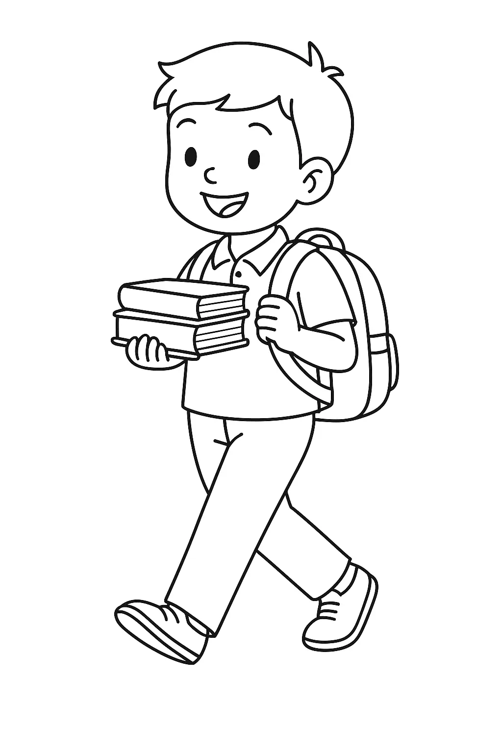 Desenho de contorno de um menino caminhando, carregando uma mochila nas costas e segurando dois livros nas mãos, vestindo calças e camisa polo.