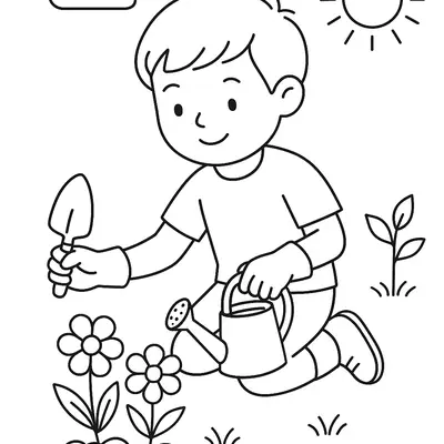 Desenho de contorno de um menino de luvas ajoelhado no jardim, segurando uma pequena pá e um regador próximo a duas flores, com o sol e uma nuvem ao fundo.