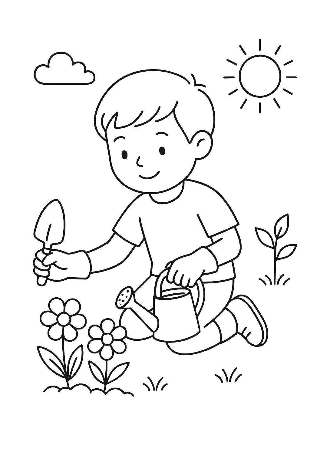 Desenho de contorno de um menino de luvas ajoelhado no jardim, segurando uma pequena pá e um regador próximo a duas flores, com o sol e uma nuvem ao fundo.
