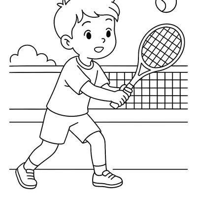 Desenho de contorno de um menino em posição de ataque em uma quadra de tênis, segurando a raquete com as duas mãos para rebater a bola sobre a rede.