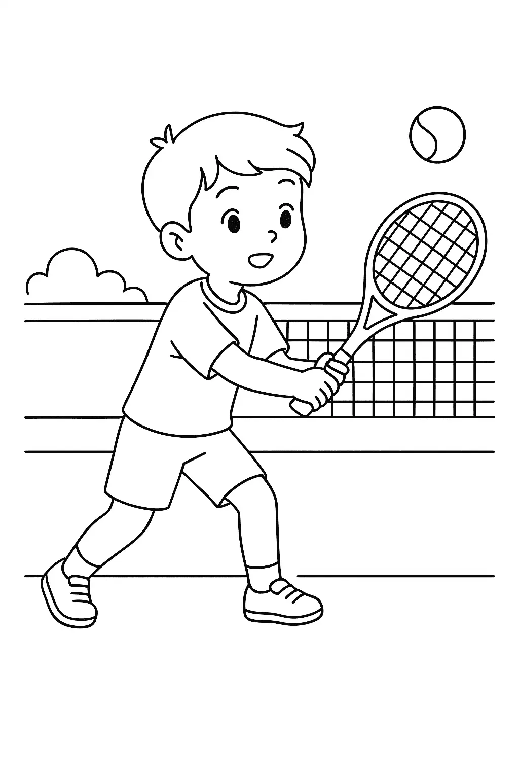 Desenho de contorno de um menino em posição de ataque em uma quadra de tênis, segurando a raquete com as duas mãos para rebater a bola sobre a rede.