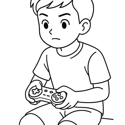 Desenho de contorno de um menino sentado, com expressão de foco, segurando um controle de vídeo game com botões e direcional.