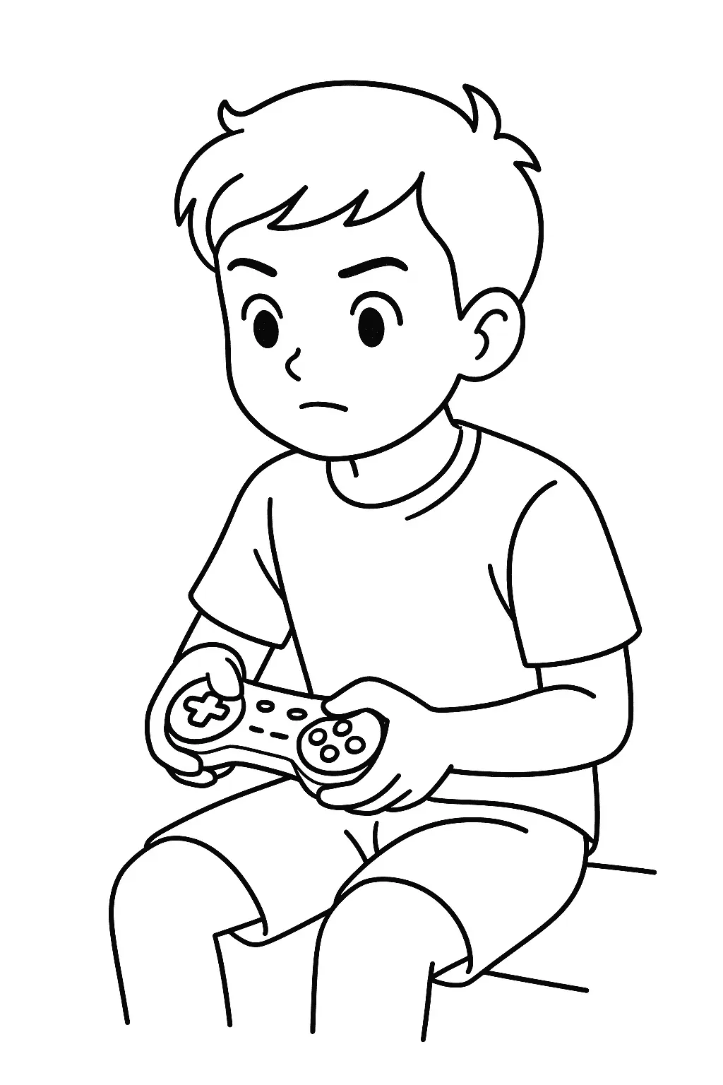 Desenho de contorno de um menino sentado, com expressão de foco, segurando um controle de vídeo game com botões e direcional.