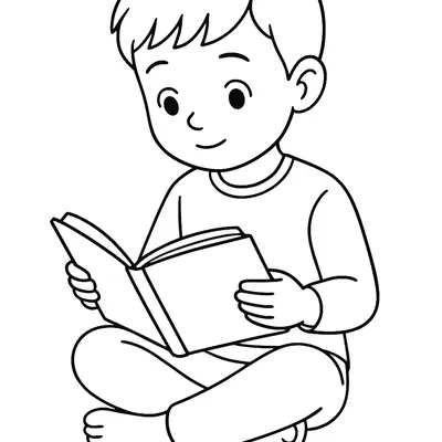 Desenho de contorno de um menino sentado de pernas cruzadas no chão, segurando um livro aberto e lendo com atenção.