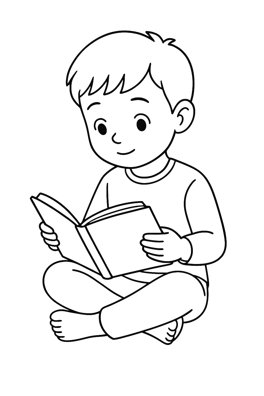 Desenho de contorno de um menino sentado de pernas cruzadas no chão, segurando um livro aberto e lendo com atenção.