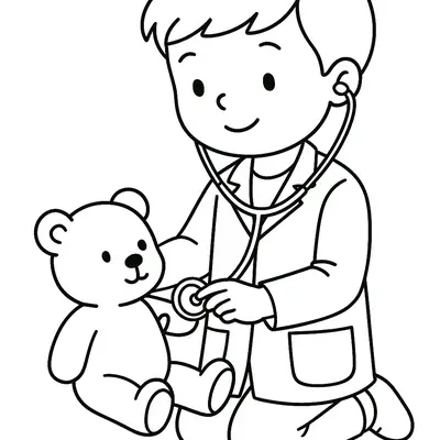 Desenho de contorno de um menino ajoelhado, vestido com jaleco médico e usando um estetoscópio para ouvir o coração de um ursinho de pelúcia sentado à sua frente.