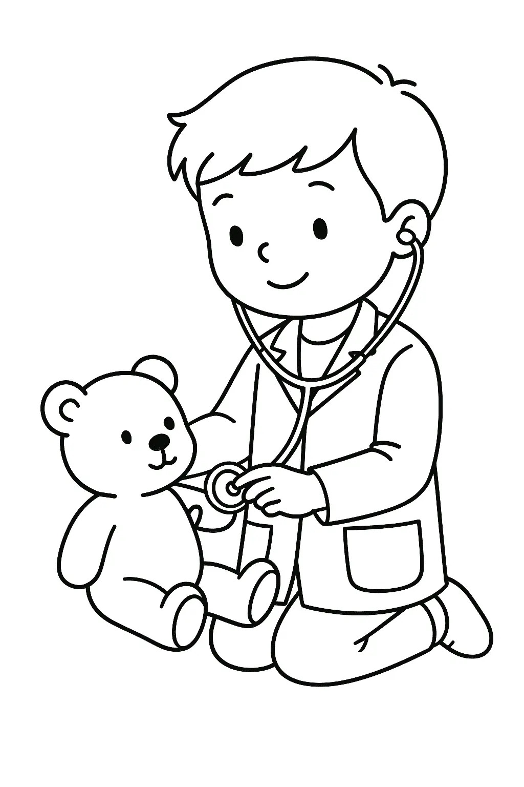 Desenho de contorno de um menino ajoelhado, vestido com jaleco médico e usando um estetoscópio para ouvir o coração de um ursinho de pelúcia sentado à sua frente.