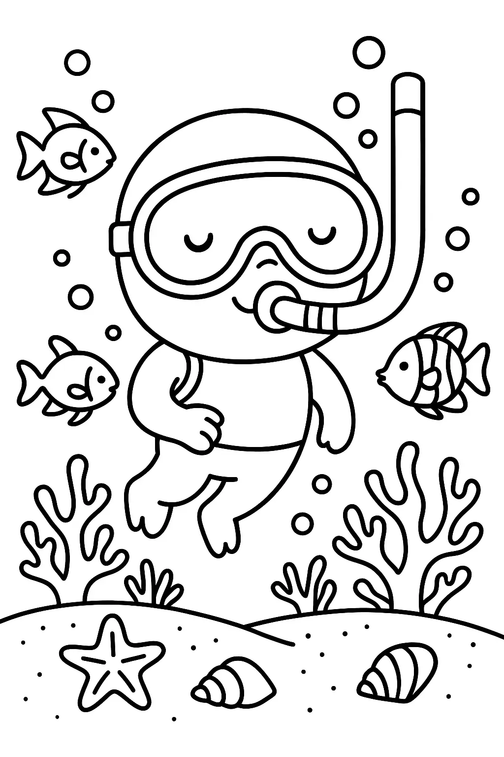 Desenho de contorno de um menino usando máscara de mergulho e snorkel, nadando no fundo do mar entre peixes, recifes de corais e conchas na areia.