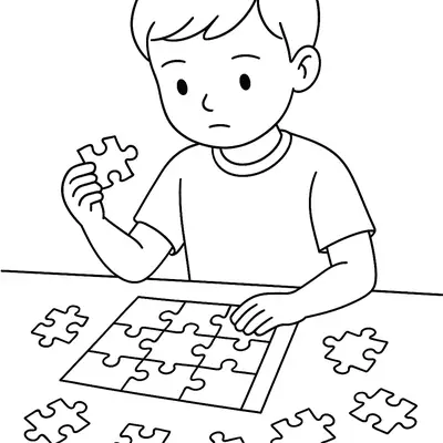 Desenho de contorno de um menino sentado à mesa, segurando uma peça de quebra-cabeça na mão enquanto olha para o jogo incompleto à sua frente.