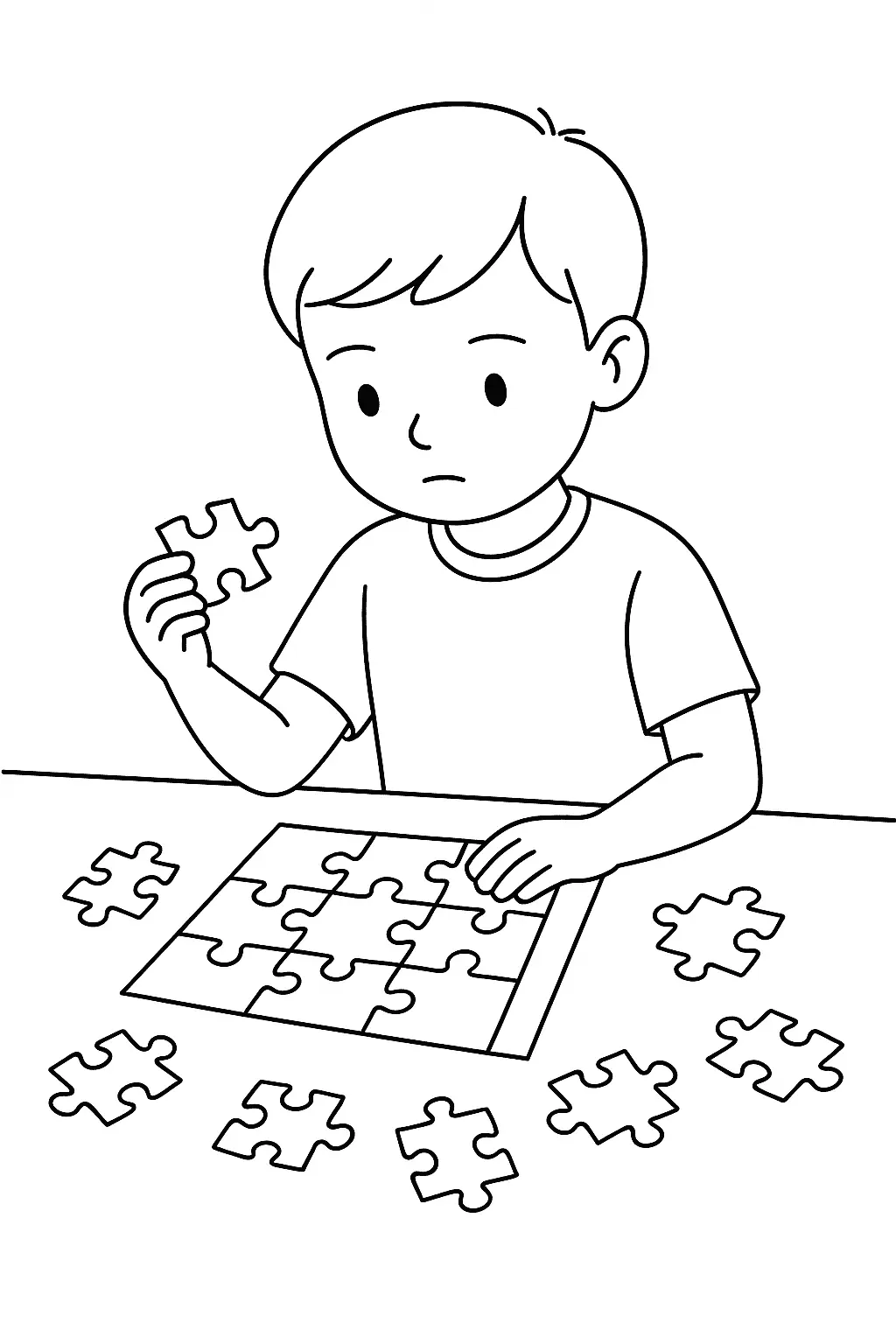 Desenho de contorno de um menino sentado à mesa, segurando uma peça de quebra-cabeça na mão enquanto olha para o jogo incompleto à sua frente.