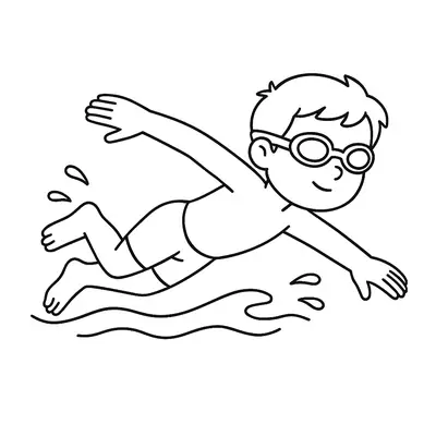 Desenho de contorno de um menino praticando natação, usando óculos de mergulho, com os braços estendidos e gotas de água ao redor.
