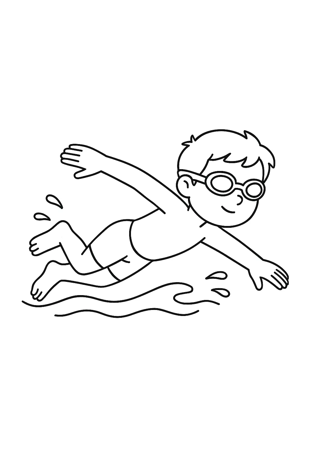 Desenho de contorno de um menino praticando natação, usando óculos de mergulho, com os braços estendidos e gotas de água ao redor.