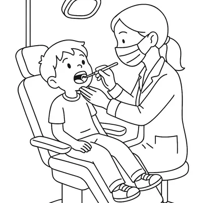 Desenho de contorno de um menino sentado em uma cadeira odontológica com a boca aberta, enquanto uma dentista de máscara e jaleco realiza o exame com um espelho clínico.
