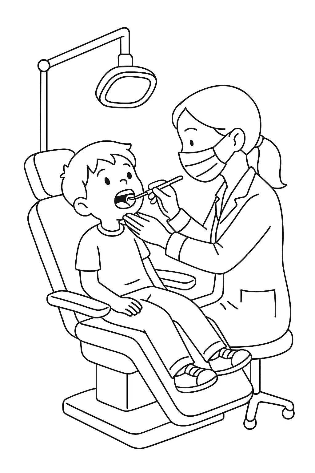 Desenho de contorno de um menino sentado em uma cadeira odontológica com a boca aberta, enquanto uma dentista de máscara e jaleco realiza o exame com um espelho clínico.