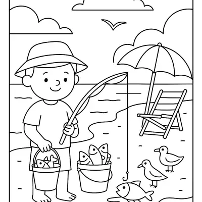 Desenho de contorno de um menino com chapéu segurando uma vara de pescar e um balde com peixes, ao lado de uma cadeira de praia com guarda-sol.