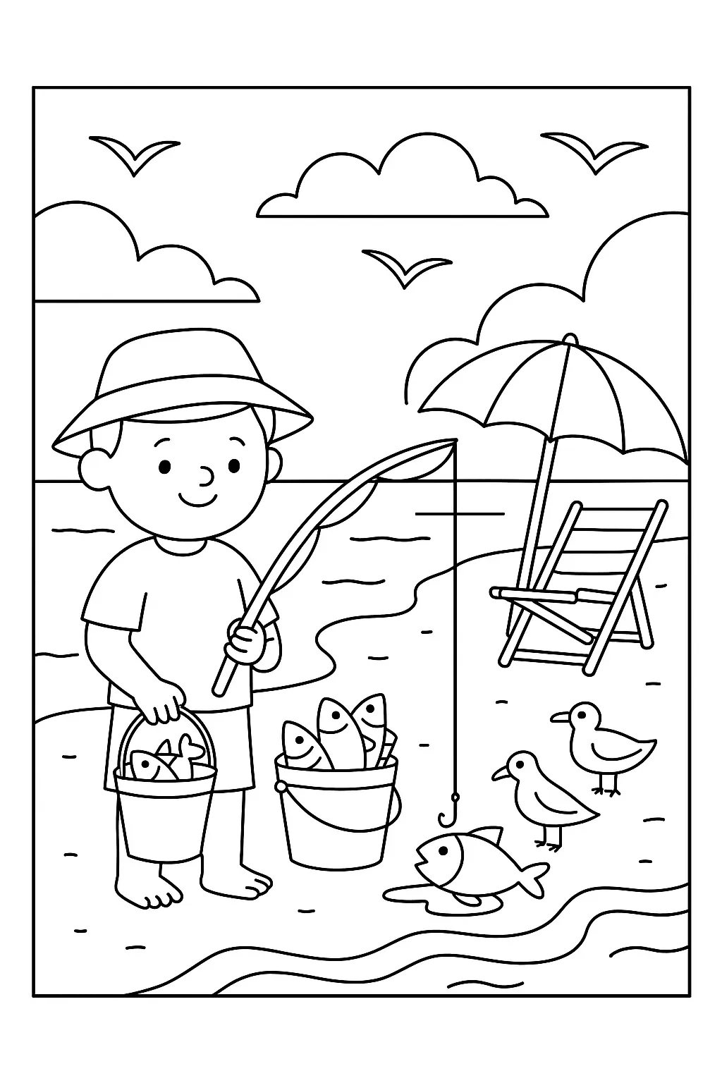 Desenho de contorno de um menino com chapéu segurando uma vara de pescar e um balde com peixes, ao lado de uma cadeira de praia com guarda-sol.