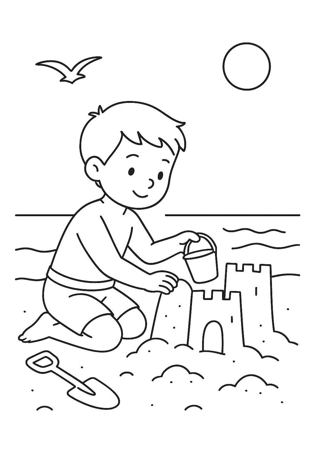 Desenho de contorno de um menino ajoelhado na areia da praia, segurando um balde e terminando de construir um castelo de areia com torres.