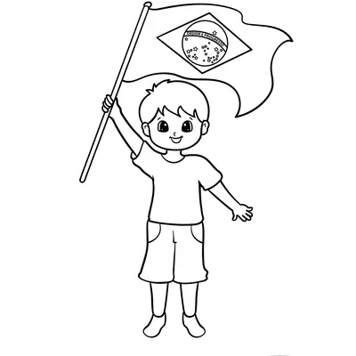Desenho de contorno de um menino sorridente segurando um mastro com a bandeira do Brasil hasteada para colorir.