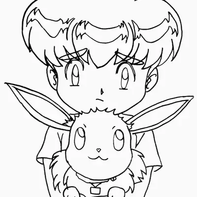 Desenho de Jovem Treinador Abraçando Eevee para Colorir