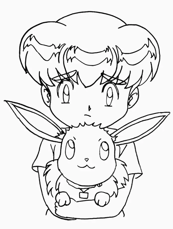 Desenho de contorno em preto e branco de um menino jovem segurando um Pokémon Eevee à sua frente; ambos olham para frente com ternura.