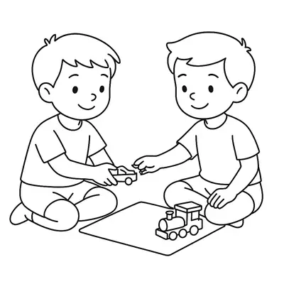 Desenho de contorno de dois meninos sentados no chão brincando juntos; um segura um carrinho e o outro aponta para um pequeno trem sobre um tapete.