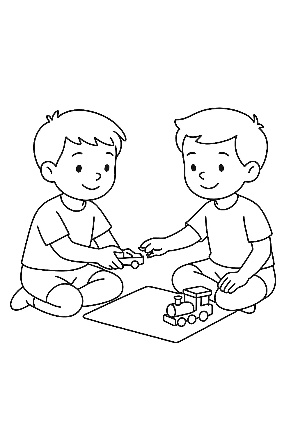 Desenho de contorno de dois meninos sentados no chão brincando juntos; um segura um carrinho e o outro aponta para um pequeno trem sobre um tapete.