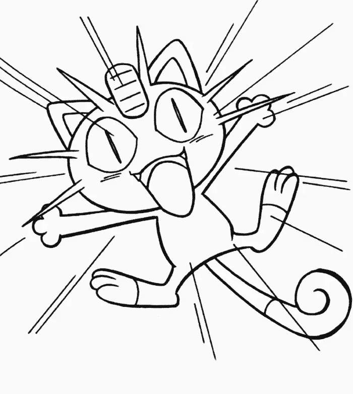 Desenho de contorno em preto e branco do Pokémon Meowth com braços abertos, língua para fora e linhas de ação ao redor.