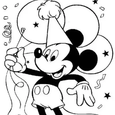 Desenho de contorno do Mickey Mouse usando chapéu de festa, segurando três balões, com estrelas e confetes ao redor e o texto 