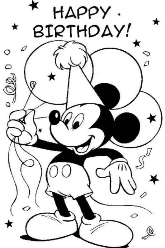 Desenho de contorno do Mickey Mouse usando chapéu de festa, segurando três balões, com estrelas e confetes ao redor e o texto "Happy Birthday!".