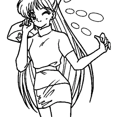 Desenho de contorno em preto e branco da Minako Aino de Sailor Moon, usando blusa de gola alta e minissaia, piscando o olho.