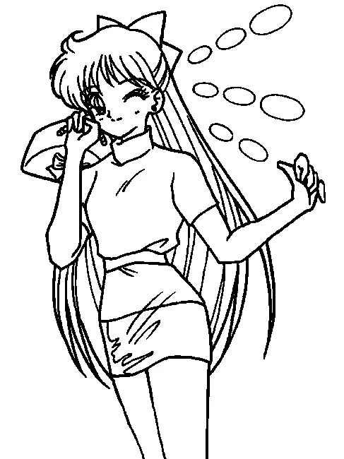 Desenho de contorno em preto e branco da Minako Aino de Sailor Moon, usando blusa de gola alta e minissaia, piscando o olho.