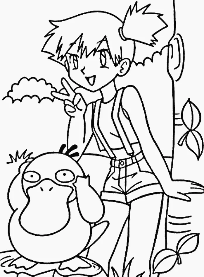 Desenho de contorno em preto e branco da Misty em pé encostada em uma árvore, fazendo sinal de "V" com os dedos, ao lado de um Psyduck sentado.