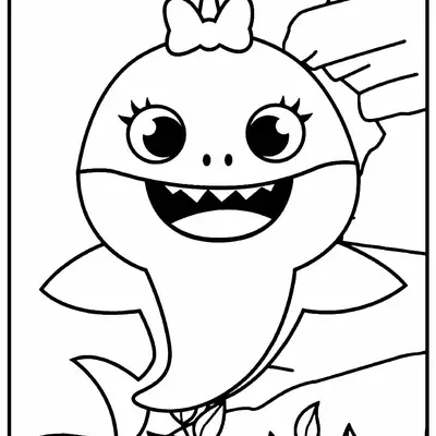 Desenho de contorno em preto e branco da Mommy Shark sorrindo, usando um laço na cabeça, com cílios destacados e nadando acima de plantas marinhas e rochas.