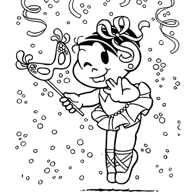 Desenho de contorno da Mônica da Turma da Mônica na ponta dos pés, usando um tutu de bailarina, laço no cabelo e segurando uma máscara de Carnaval com cabo.