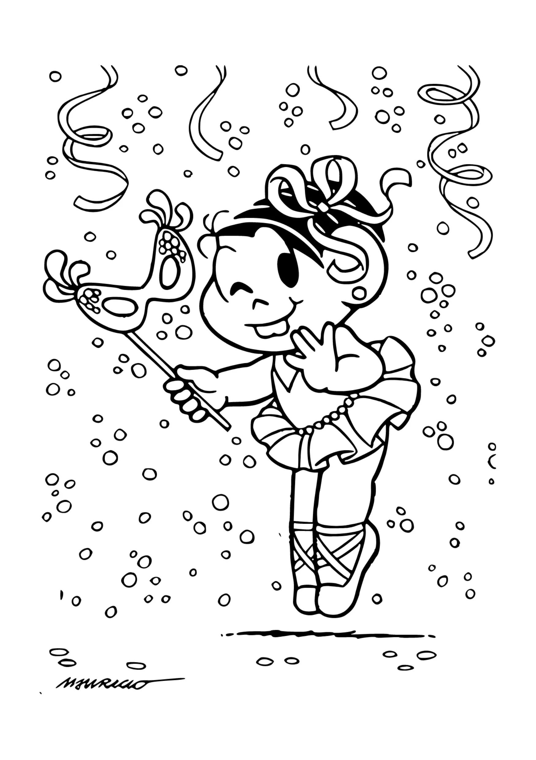 Desenho de contorno da Mônica da Turma da Mônica na ponta dos pés, usando um tutu de bailarina, laço no cabelo e segurando uma máscara de Carnaval com cabo.