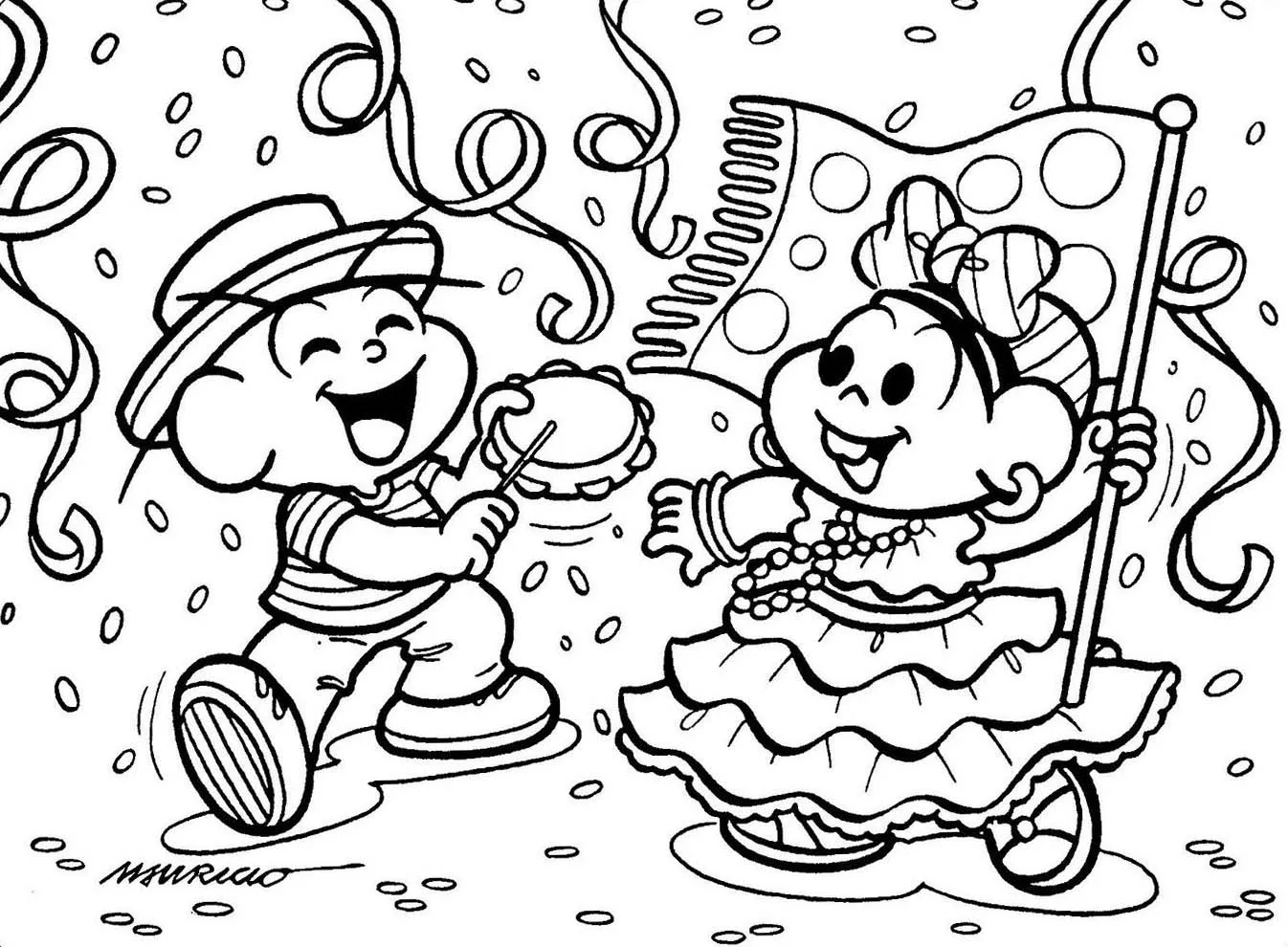 Desenho de contorno da Mônica usando vestido de babados e segurando um estandarte, ao lado do Cebolinha tocando tamborim com confetes ao redor.