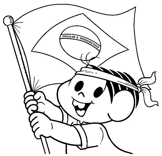 Desenho de contorno da Mônica da Turma da Mônica segurando um mastro com a bandeira do Brasil, usando uma faixa na cabeça e sorrindo.
